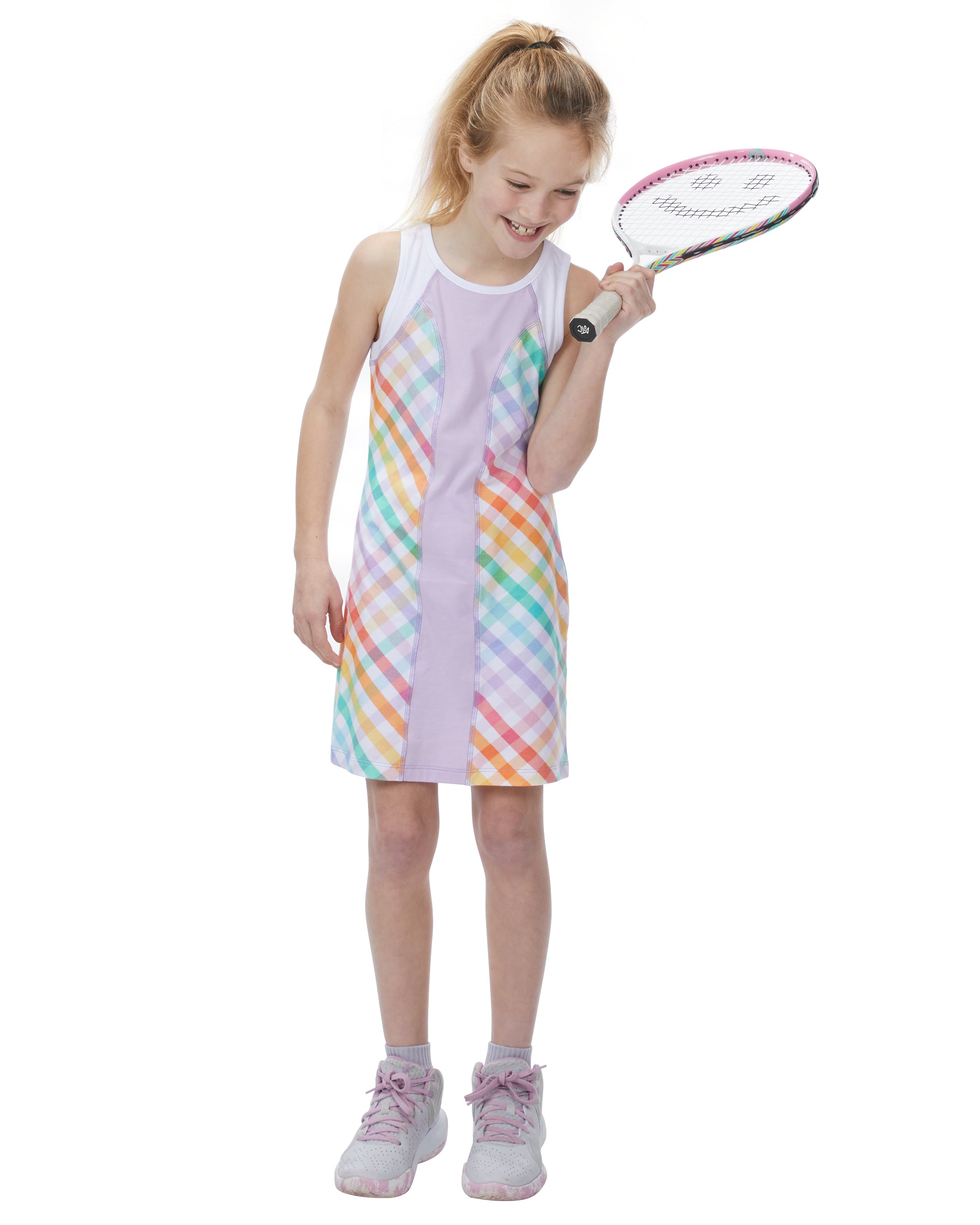 Girls Rainbow Gingham Sleeveless Tennis Dress