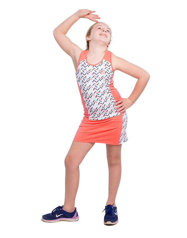 Girls Coral Tennis Dress Set with Racerback Top and Tennis Skirt with Undershorts